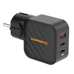 HAMMER RapidCharge 65W GaN seinilaadija - 2x USB-C PD, 1x USB-A QC, must