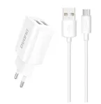 Dudao EU seinadapter 2x USB 5V / 2,4A + USB Type-C kaabel valge (A2EU + Type-C White) Valge