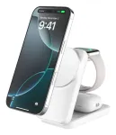 Toas kasutatav laadija Belkin UltraCharge 25 W Qi2 3-in-1 magnetiline laadija EL valge ruudukujuline