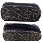 LEAN School Office Pencil Case, Two-Compartment, Golden Hearts, Black, 23.5x10 cm