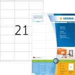 HERMA Premium 4634 p&uuml;sivad isekleepuvad mati lamineeritud paberist sildid, valged, 70 x 41 mm, 4200 silti (200 lehte x 21)