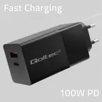 Qoltec 52382 GaN POWER PRO laadija | 1xUSB type C | 1xUSB A | 100W | 5-20V | 1.5-5A | PD | Must
