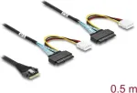 DELOCK PCIe 4.0 &otilde;huke SAS-kaabel SFF-8654 8i kuni 2&times; U.2 SFF-8639 pistikupesa koos toitepistikuga 0,5 m