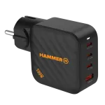 HAMMER RapidCharge 100W GaN seinadapter, 2x USB-C PD 100W + 1x USB-A QC 30W, must