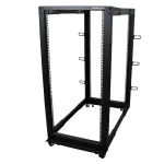 StarTech.com 4-Post 25U Mobile Open Frame Server Rack, Four Post 19in v&otilde;rk Rack with Wheels, Rolling Rack with Adjustable Depth for Computer/AV/Data/IT Equipment - Casters, Leveling Feet or Floor Mounting