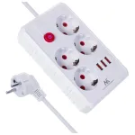Pikendusjuhe MACLEAN MCE392 W &mdash; 4 F-pesa, 3&times;USB A, 110&ndash;240V, 2,1A max, 2500W, 1,5 m kaabel, valge