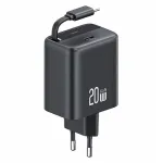 USAMS YC Series GaN 20W USB-C seinadapter sisset&otilde;mmatava kaabliga, PD+QC kiirlaadimine, must (US-CC233)