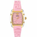 Versace VE8K00224 Naiste kvartskell, 45 mm, hall roostevabast terasest korpus, roosa sihverplaat, roosa silikoonrihm
