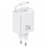 USAMS YC Series GaN 20W USB-C seinadapter sisset&otilde;mmatava USB-C kaabliga, PD+QC kiirlaadimine, valge (US-CC233)