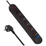 Pistikupesa MACLEAN MCE395 B &mdash; 5 pistikupesa, 3&times;USB, 110&ndash;240V AC, 2.1A USB, 2500W, 1.5 m kaabel, must