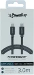 PowerRay USB-C - Lightning punutud kaabel 3m tekstiilhall PR-DCCL300TGY