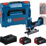 BOSCH PowerTools juhtmeta tikksaag komplekt 2 akuga 5.0 Ah, kiirlaadija ja tikksaelehtede komplekt L-BOXXis (karbis)