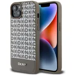 DKNY DKHMP15SPSOSPW iPhone 15 / 14 / 13 6,1 inch Pruun k&otilde;va&uuml;mbris nahast tr&uuml;kitud mustriga metalllogo MagSafe