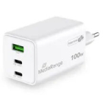 Mobiilseadme laadija MediaRange MRMA123 &mdash; Sisetingimustes kasutatav vahelduvvoolu kiirlaadija s&uuml;learvutile, nutitelefonile, tahvelarvutile, 100&ndash;240 V, 2&times; USB-C, 20 V max, valge