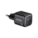 Seinalaadija Unitek P1128ABK01-EU &mdash; 2-pordiline GaN USB‑C ja USB‑A, kokku 20 W, must