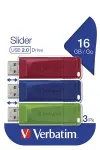 Verbatim Slider &ndash; USB-m&auml;lupulk &ndash; 3x16 GB &ndash; sinine/punane/roheline, 16 GB, USB t&uuml;&uuml;p-A, 2.0, liuguriga, 8 g, sinine, punane, roheline