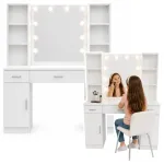 LEAN Kosmeetikalaud LED-peegli, sahtlite ja kapiga, valge, 141x114x39 cm