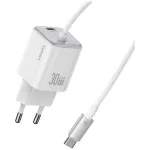 USAMS JC Series CC264 30W GaN mini kiirlaadija, USB-C koos sisseehitatud USB-C kaabliga, valge