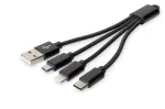 DIGITUS USB laadimiskaabel USB A - Lightning+micro B+USB-C M/M/M/M 15 cm 3-in-1 kaabel, puuvill, CE, must