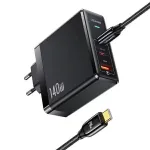 USAMS T52PD140W 140W GaN seinadapter koos 240W USB-C kaabliga, 2xUSB-C + 1xUSB-A, PD kiirlaadimine, must (US-CC168 + US-SJ581) UM Series UMXLOGTC01