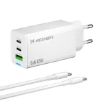 Wozinsky GaN 65W Laadija USB-A ja 2x USB-C pordiga ning USB-C kaabliga 65W - Valge