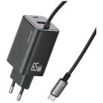 USAMS JC Series CC266 65W GaN Fast Laadija sisseehitatud USB-C kaabliga, Must