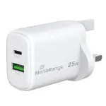 MediaRange 25W GaN kiirlaadija UK pistikuga, 1x USB-C ja 1x USB-A, PD ja QC, valge (MRMA112-UK)