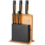 Fiskars Functional Form 1057552 noakomplekt bambusest alusega, 5 nuga, roostevaba teras, must/oranž