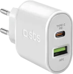 SBS - Toiteplokk - 20 W - 3 A - Kiirlaadimine, PD - 2 v&auml;ljundporti (USB, 24 kontaktiga USB-C) - Valge - Europa (TETRPD20W)