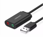 V&auml;line USB 2.0 heliadapter UGREEN 30724 &mdash; 2.0 stereo, k&otilde;rvaklappide v&auml;ljund, mikrofonisisend, 0,15 m kaabel, must
