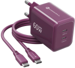 Forcell F-Energy GaN III VT-60 60W PD QC 4.0+ 2x USB-C burgundia seinalaadija + USB-C kaabel
