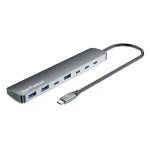 Manhattan USB-C dokk/jaotur, pordid (x7): USB-A (x3) ja USB-C (x4), toiteedastusega (PD) 100W &ndash; vajab v&auml;list USB-C laadijat (ei kuulu komplekti). USB-toitega (v&auml;list toiteplokki pole vaja), kui PD-d ei kasutata. Alumiinium.