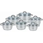 K&ouml;&ouml;gin&otilde;ude komplekt Maestro MR-2120-12 &mdash; 12-osaline roostevaba terasest mittenakkuva pinnaga kollektsioon, induktsiooniga &uuml;hilduv, sisaldab 6 kastrulit (16&ndash;24 cm) ja klaaskaasi