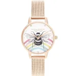 OLIVIA BURTON Naiste Wishing Star kell OB16WL90 30mm rooskuld roostevaba teras valge p&auml;rlmutter sihverplaat hall nahkrihm