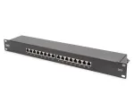 DIGITUS CAT6, E-klassi patch-paneel, varjestatud 16 pordiga RJ45, 8P8C, LSA, 1U, 19 inch rack-kinnitus, must RAL9005/482x44x109