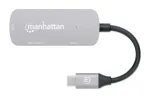 Manhattan USB-C dokk/jaotur, pordid (x3): HDMI, USB-A ja USB-C, toiteedastusega (PD) 100 W &ndash; vajab v&auml;list USB-C laadijat (ei kuulu komplekti). USB-toitega (v&auml;list toiteallikat pole vaja), kui PD ei kasutata, Alumiinium