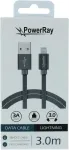 PowerRay USB-Lightning andme- ja laadimiskaabel 3m tekstiilhall PR-DCUL300TGY