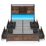 Voodiraam LED-valgusti ja laadimisjaamaga, peatsiga, panipaigaga ja 4 sahtliga, metallplatvorm ilma vedrualuseta 220 x 143 x 113 cm