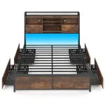 Voodiraam LED-valgusti ja laadimisjaamaga, peatsiga, panipaigaga ja 4 sahtliga, metallplatvorm ilma vedrualuseta 220 x 163,5 x 113 cm