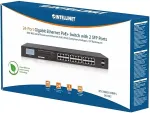 Intellinet Gigabit Ethernet PoE+ Switch with 2 SFP Ports and LCD Screen - Switch - nicht verwaltet - 24 x 10/100/1000 (PoE+) + 2 x Gigabit SFP - Desktop, an Rack montierbar - PoE+ (370 W) (561242)
