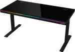 LORGAR Dual-motor sit/stand adjustable-height gaming desk with wireless charger, RGB lighting, control panel, and USB ports, solid tempered glass tabletop, black.