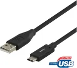 Deltaco USB-C USB-A kaabel, 2m, 3A, USB 2.0, must