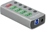 DELOCK USB 3.2 Gen 1 Hub mit 4 Ports + 1 Schnellladeport + 1 USB-C PD 3.0 Port mit Schalter und Beleuchtung