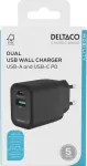 DELTACO USB wall charger , 1x USB-A 18 W, 1x USB-C PD 20 W, black / USBC-AC153 / 1903152