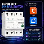 QOLTEC Tr&oacute;jfazowy przekaźnik 63A na szynę DIN | 3P+N | Timer | Wi-Fi | Tuya | Smart Life | Amazon Alexa | 4P