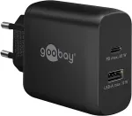 Goobay USB-C dual quick charger, PD, GaN, 65 watts (black, 1x USB-C, 1x USB-A, Power Delivery)