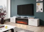 Cama MEBLE RTV cabinet ROVA with electric fireplace 190x37x48 valge/gloss valge