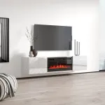Cama MEBLE RTV LUXE cabinet 182.6x34.5x37.5 white/gloss white + black fireplace