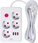 Maclean Power strip MCE393 W, 4 sockets 3xUSB, 110-240V AC 50/60Hz. 2.1A max 2500W, 3m white