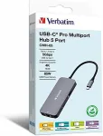 VERBATIM USB-C Pro multiport hub CMH-05, 5 port, docking station (grey, HDMI, RJ-45, 2x USB-A, USB-C PD)